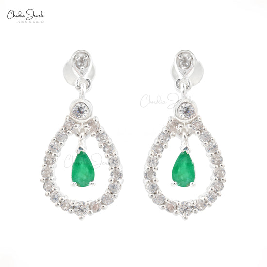 Emerald Gemstone Silver Earrings Dangling Earrings Zircon halo Earring Push Back Jewelry