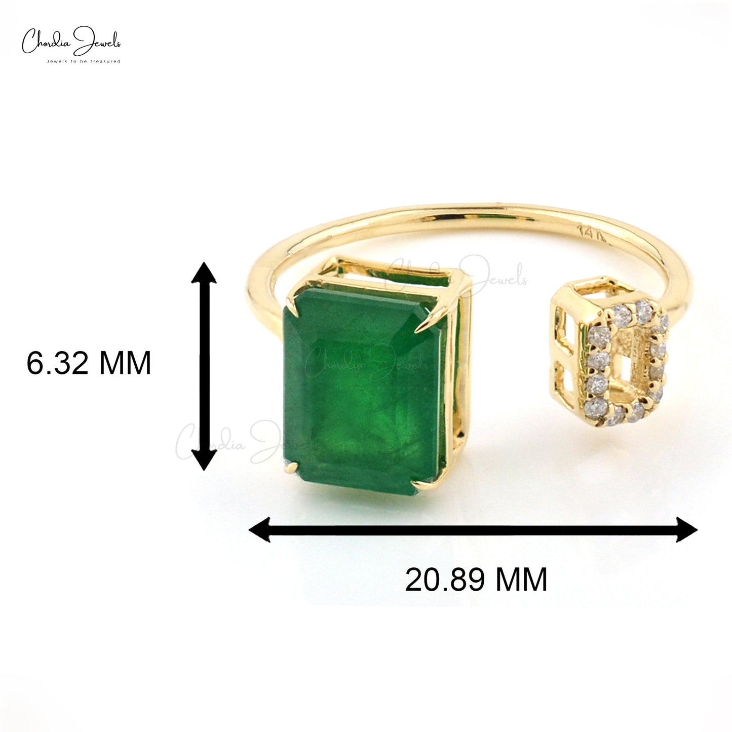 Pure 14k Yellow Gold Open Cuff Ring in 9x7mm Emerald Gemstone And Diamond Bridal Ring