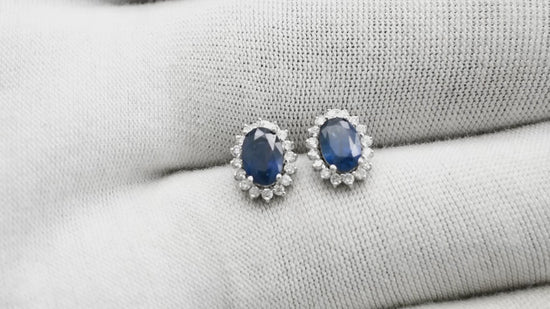 Load and play video in Gallery viewer, 1.16 Carat Oval Cut Natural  Blue Sapphire Earrings For Anniversary, 14k Solid White Gold Diamond and Gemstone Halo Earrings For Birthday Gift
